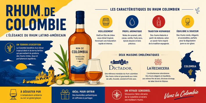 Infographie sur le rhum de Colombie : caractéristiques, Dictador et La Hechicera